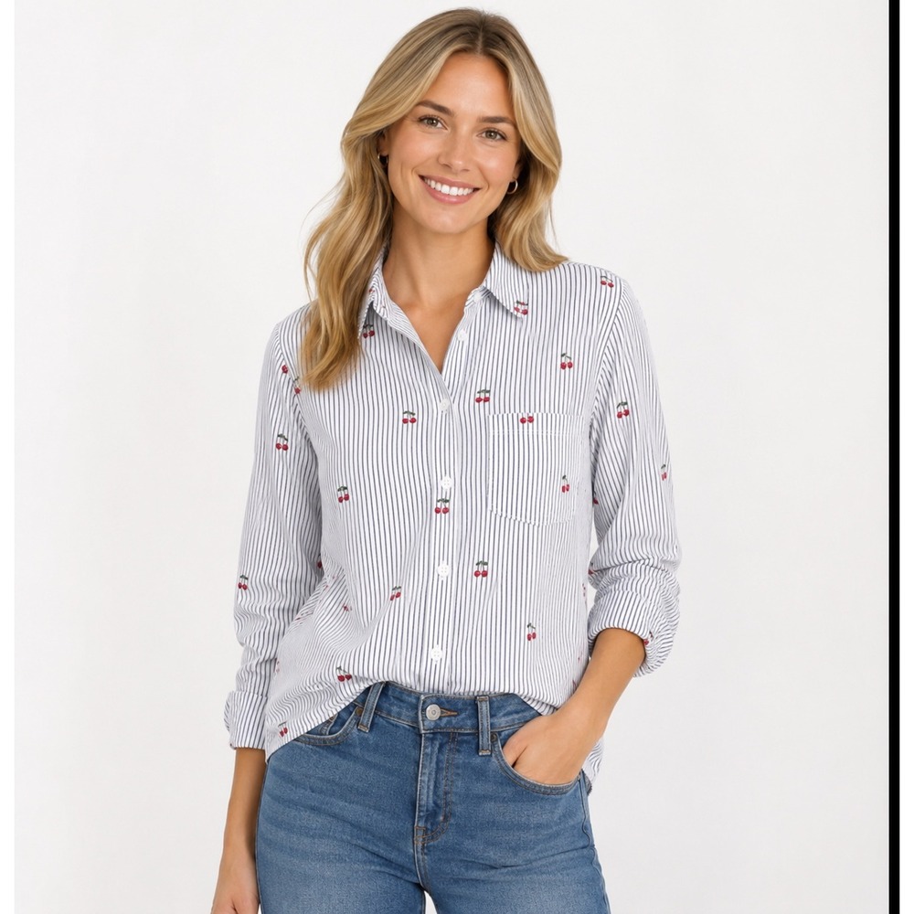 Beachlunchlounge Cherry Print Striped Button Down Shirt Navy White Small